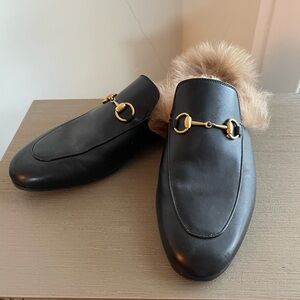 Gucci Black Leather Mules with Fur Trim